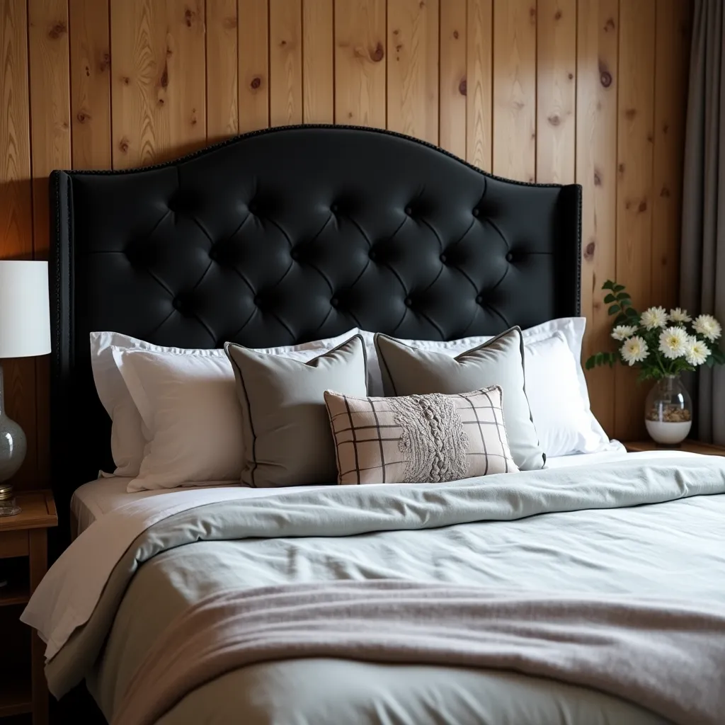 Elegant bedroom featuring a luxurious black headboard with tufted design, complemented by cozy white and gray bedding, perfect for black headboard bedroom ideas. The wooden paneled wall adds warmth and a touch of rustic charm, while the bedside table with a lamp and fresh flowers enhances the inviting atmosphere.