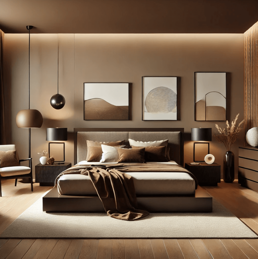 a brown bedroom designed in a minimalist design