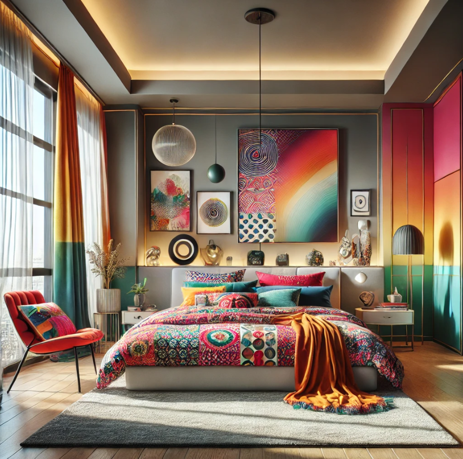 a colorful bedroom designed in a contemporary style