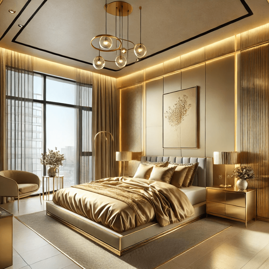 a gold bedroom designed in a contemporary style