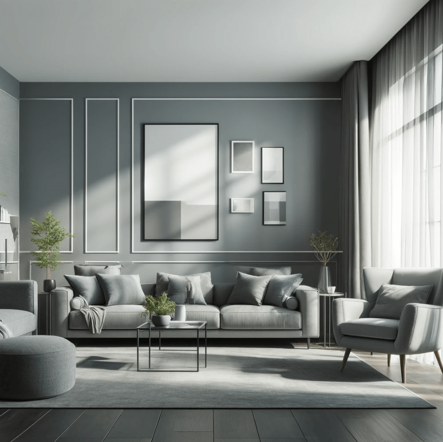 a grey living room designed in a contemporary style