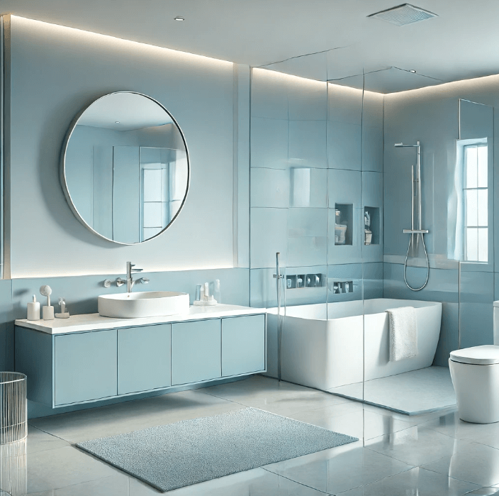 a light blue bathroom designed in an contemporary style