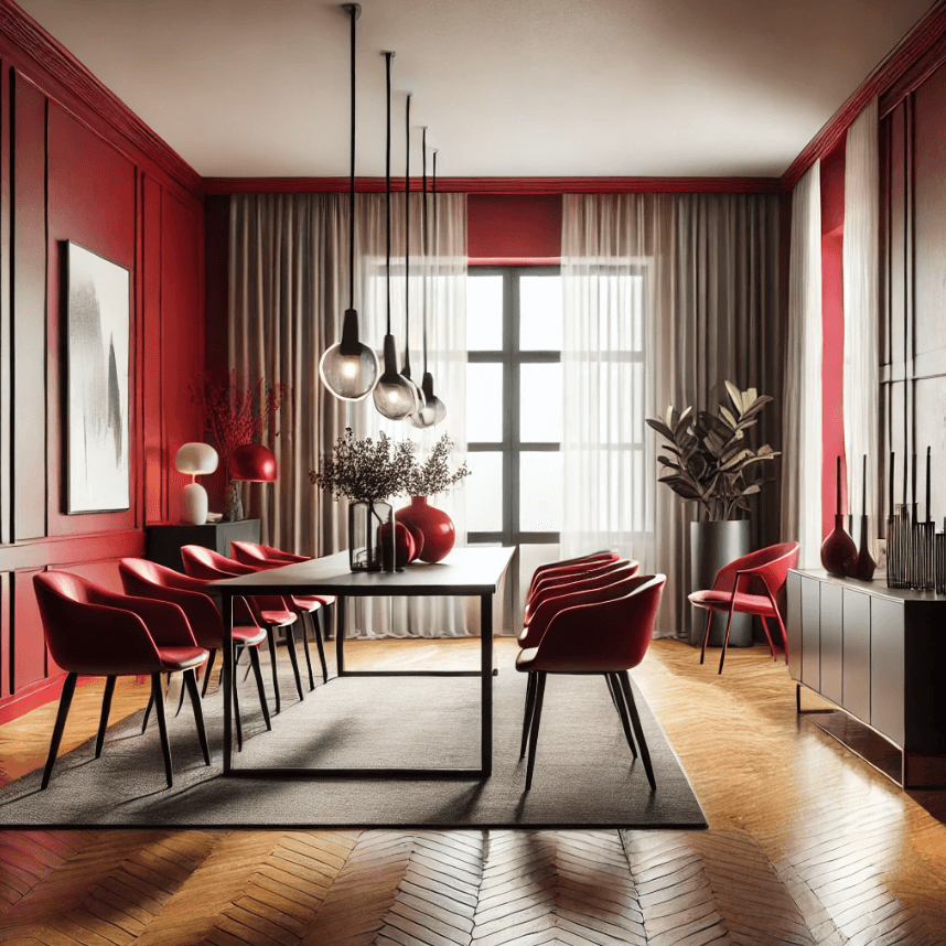 a red dining room designed in a contemporary style