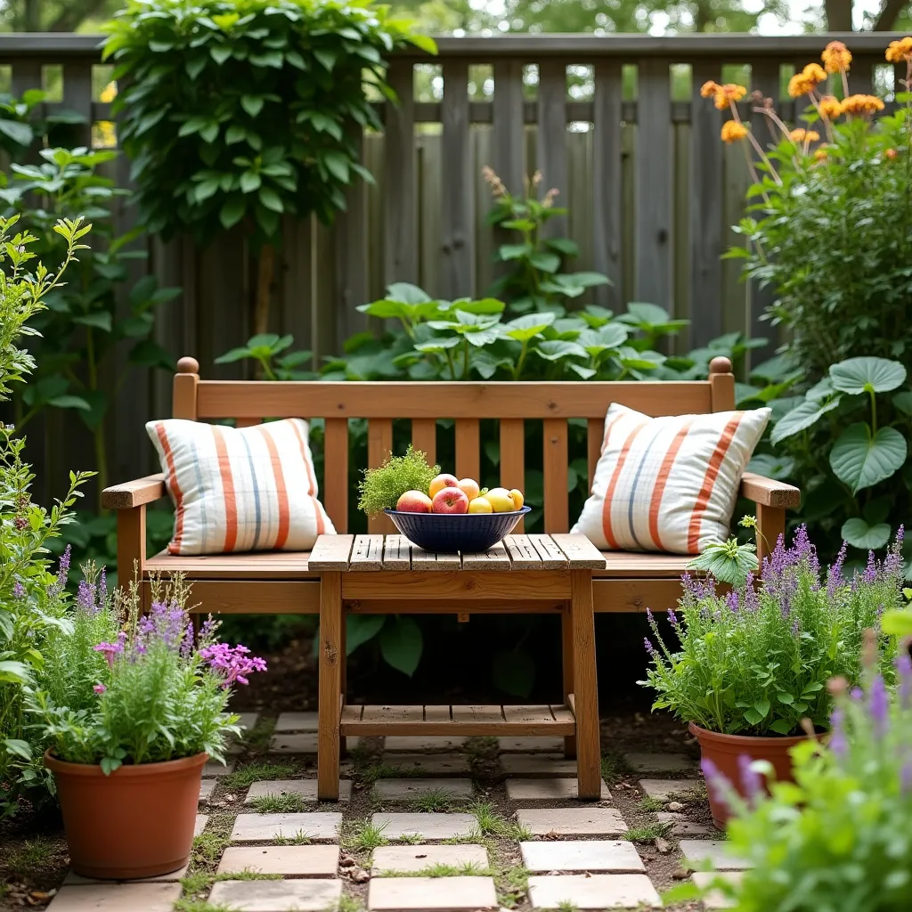 Cozy garden harvest nook design ideas featuring a wooden swing chair, a small round table with fresh vegetables and a vase of sunflowers, surrounded by lush greenery and blooming flowers, perfect for a serene outdoor retreat.