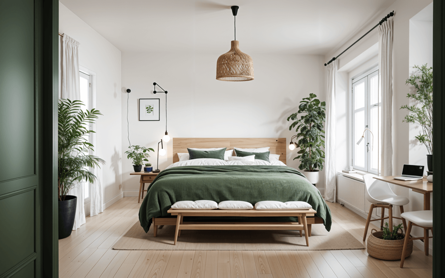 A bright and airy Scandinavian bedroom featuring a minimalist design. The centerpiece is a wooden bed with green bedding and white pillows, set against a white wall. A wooden bench with white cushions is placed at the foot of the bed. On either side of the bed, potted plants add a touch of greenery, and two pendant lights hang from the ceiling, providing warm lighting. A woven rattan light fixture is suspended above the bed. Large windows with white curtains allow natural light to flood the room. A small desk with a white chair and a wicker basket completes the cozy, functional space. The room exudes a serene and inviting atmosphere, combining natural materials and a neutral color palette.