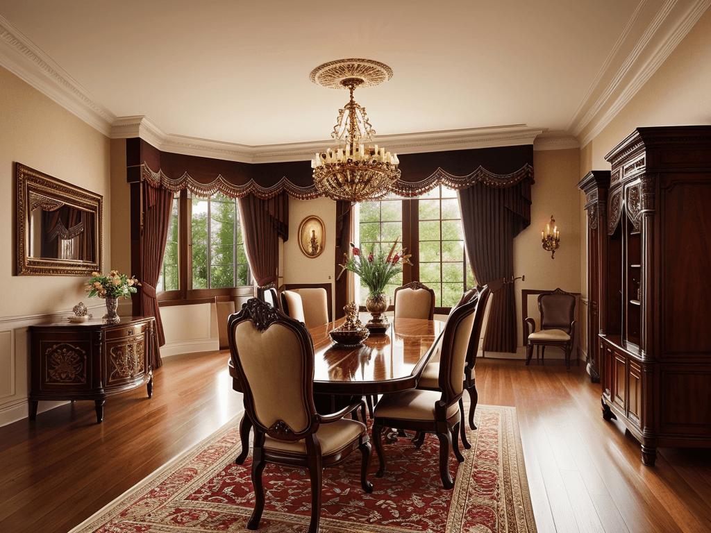 An elegant traditional dining room featuring a large wooden dining table surrounded by upholstered chairs, a luxurious chandelier, ornate curtains, and classic furniture pieces. The room is adorned with rich wood tones, intricate moldings, and a plush area rug, creating a warm and sophisticated ambiance.