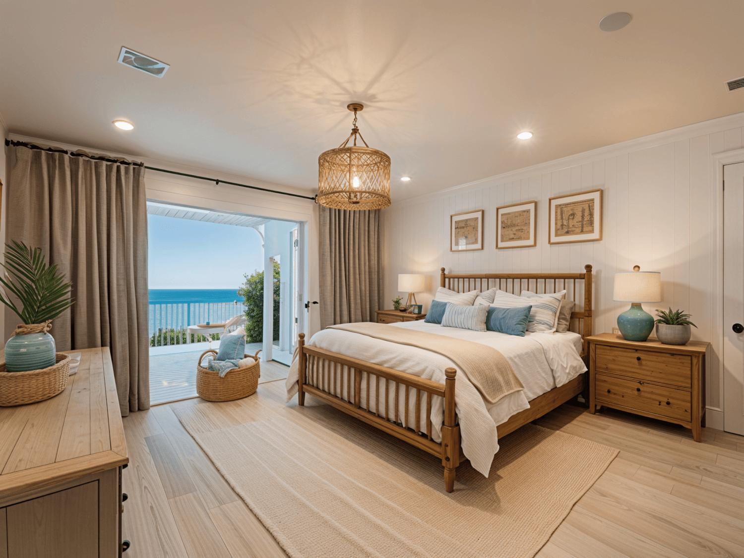 A spacious, well-lit bedroom with a wooden bed, side tables, and dresser, coastal decor, beige walls, and large sliding glass doors opening to a sea view.