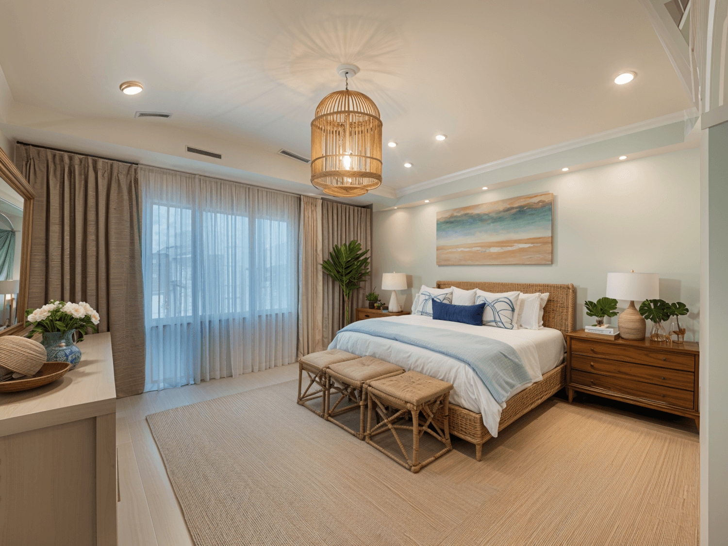 Elegant coastal bedroom with a queen-sized bed, woven headboard, soft blue and white bedding, bamboo nightstands with lamps, framed ocean artwork, and a rattan ceiling light fixture.