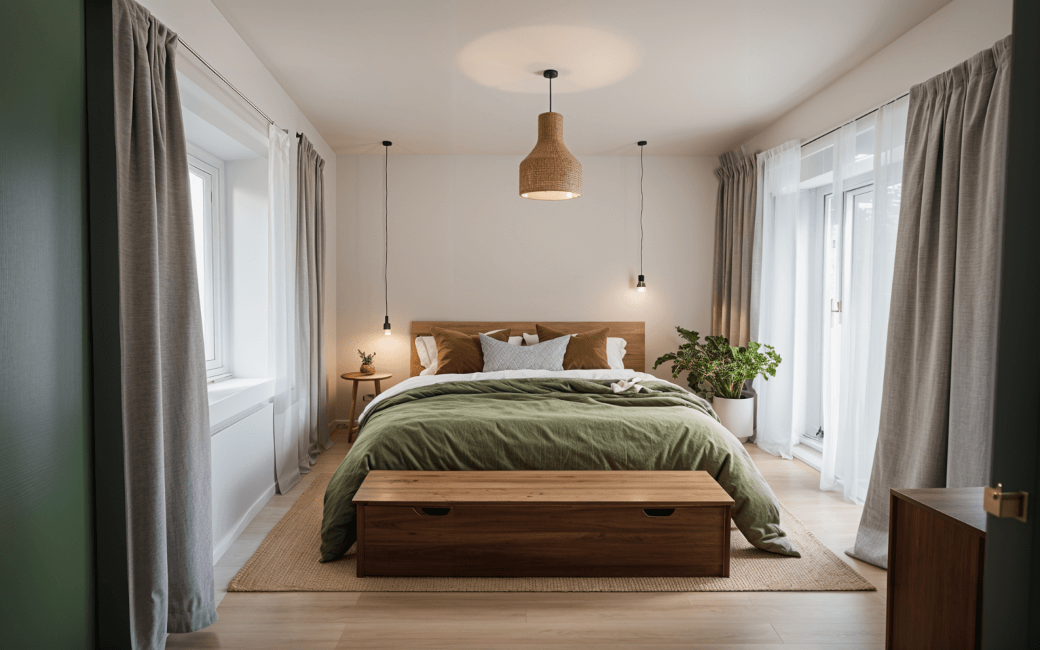 A Scandinavian-inspired bedroom featuring a minimalist design. The room includes a cozy bed with green bedding and multiple pillows in shades of green and white. A wooden chest sits at the foot of the bed, adding a rustic touch. The walls are painted white, and large windows with sheer and grey curtains allow natural light to flood the room. Two hanging pendant lights flank the bed, and a woven rattan light fixture hangs from the ceiling. A small wooden side table holds a plant, and another lush green plant sits in a white pot on the floor, adding a touch of nature to the space. The room exudes a peaceful, airy ambiance with its blend of natural materials and muted colors.