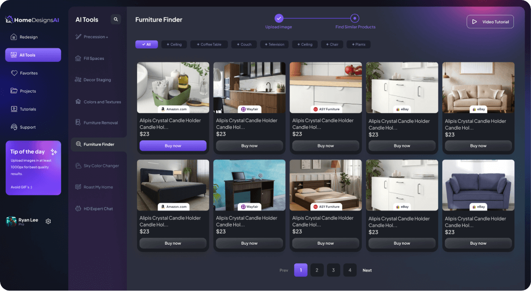 Image showing the process of selecting furniture in HomeDesignsAI, featuring various furniture options displayed on a screen.