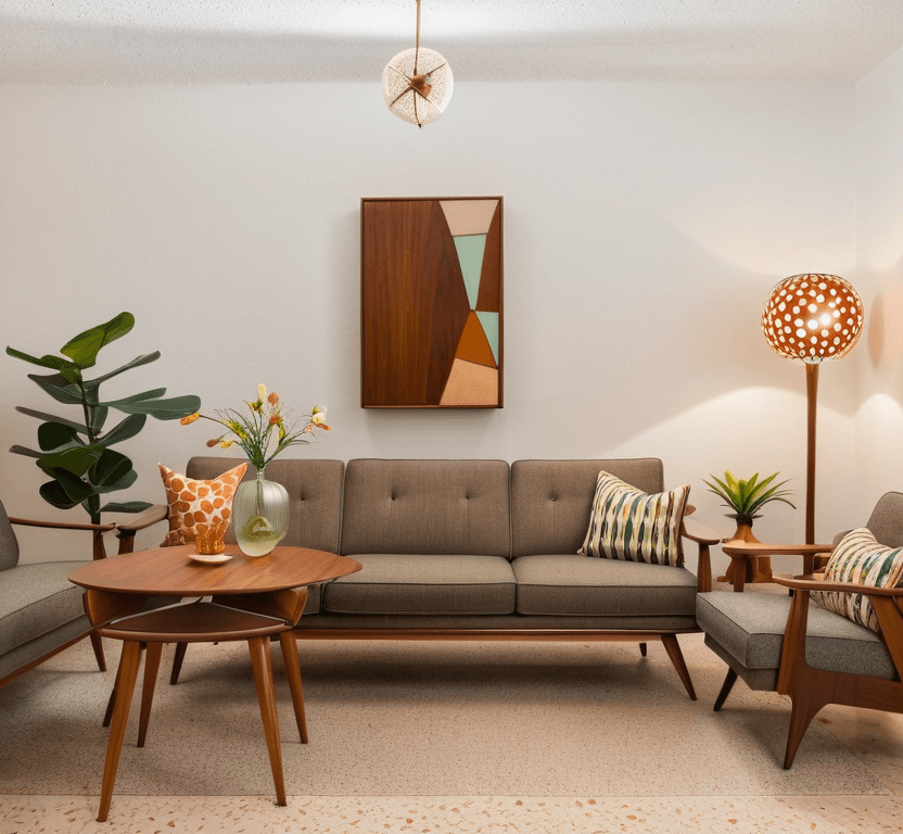 a living room designed in a midcentury modern style