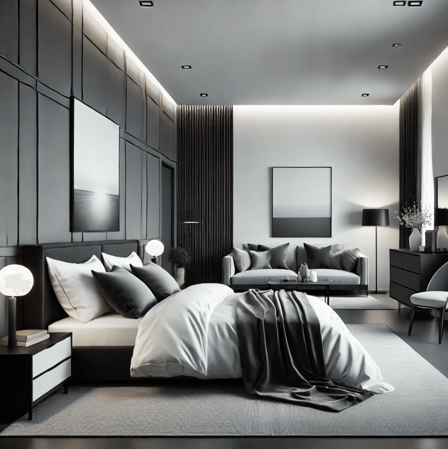 a bedroom designed in a dark design