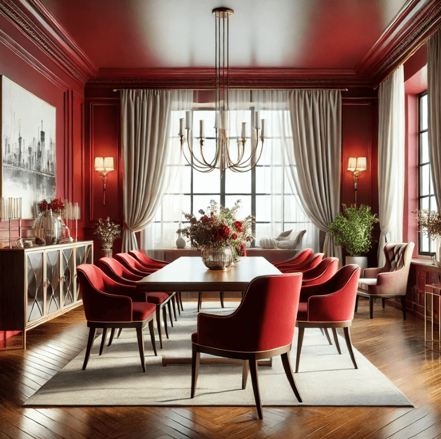 a dining room designed in a red style