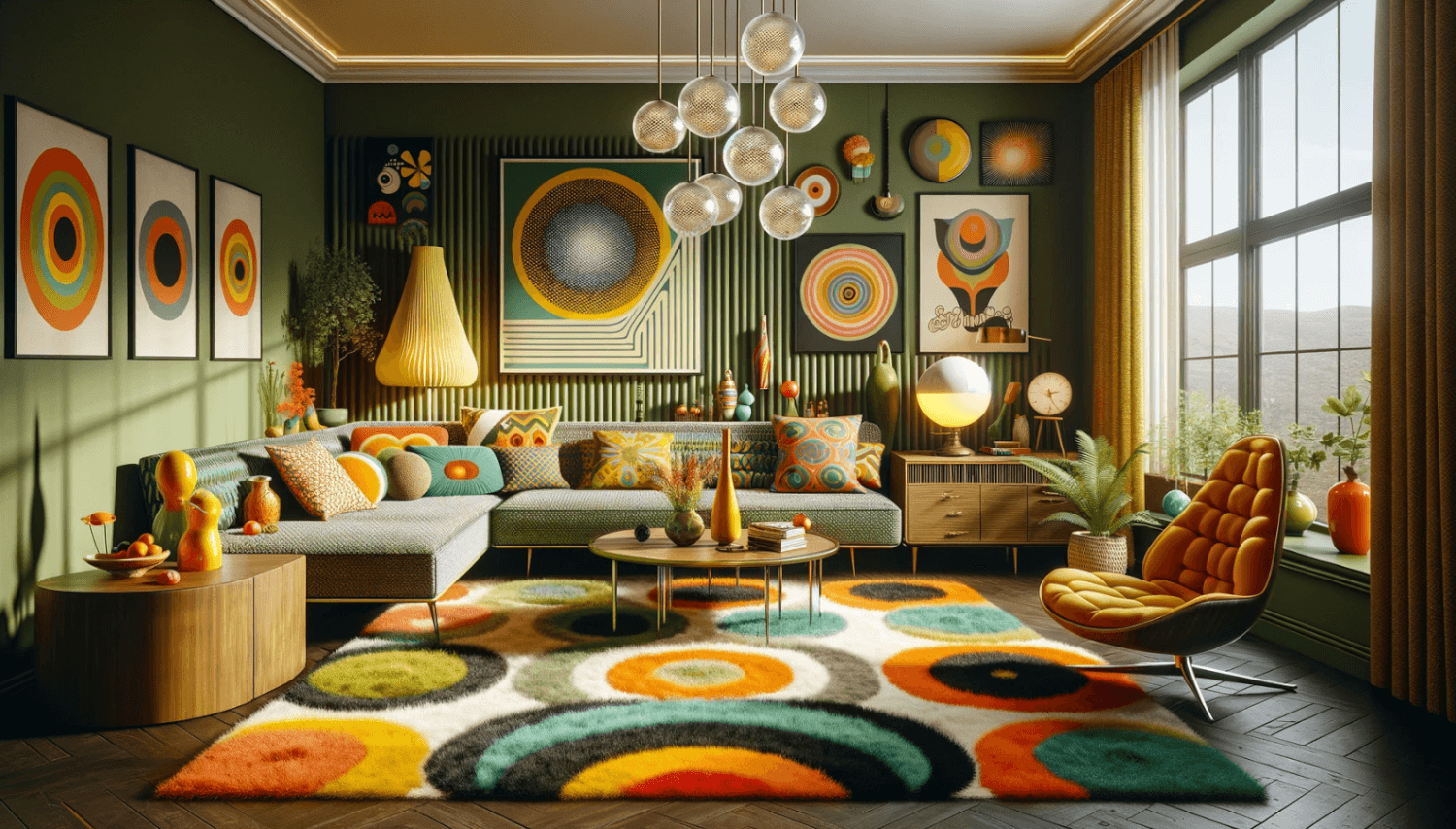 a living room designed in a retro style