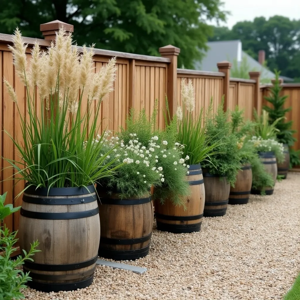 Rustic wine barrels garden design ideas featuring repurposed barrels as planters, filled with lush greenery and ornamental grasses, set against a wooden fence backdrop on a gravel pathway.