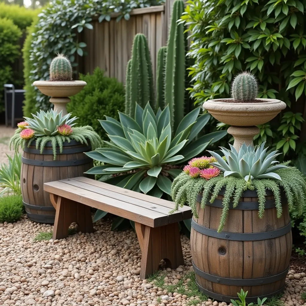 Rustic garden pathway lined with lush green plants in repurposed wine barrels, showcasing creative wine barrels garden design ideas.