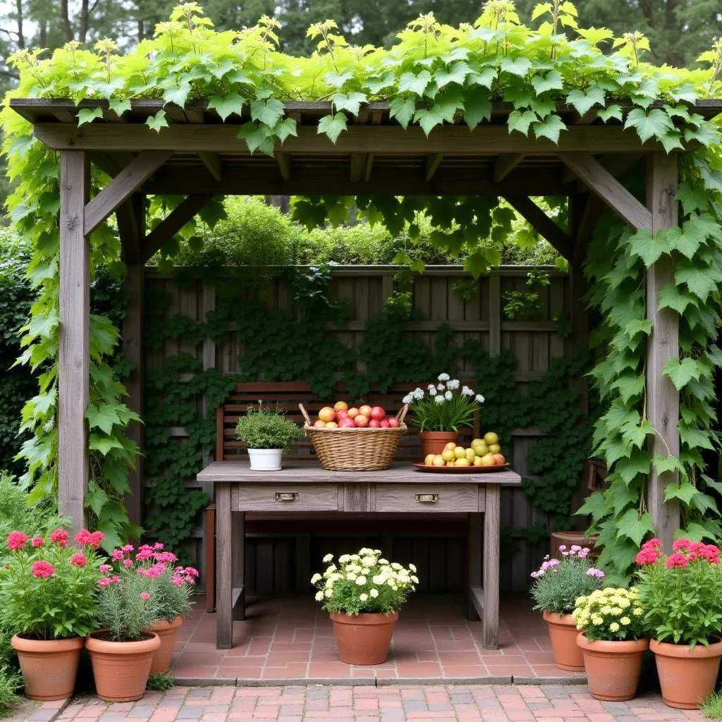 A charming garden harvest nook design idea featuring a rustic wooden pergola adorned with lush green vines, a wooden table with a basket of freshly picked apples and lemons, and an array of colorful potted flowers and herbs on a brick patio.