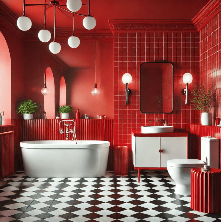 a bathroom designed in a red style