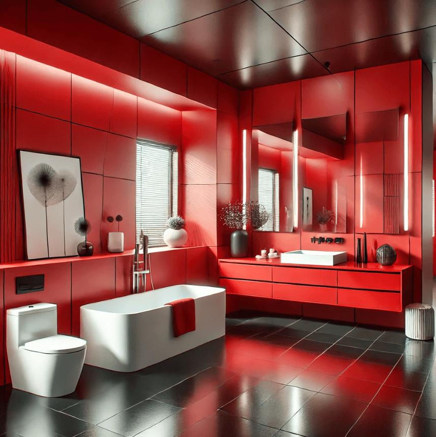 a bathroom designed in a red design