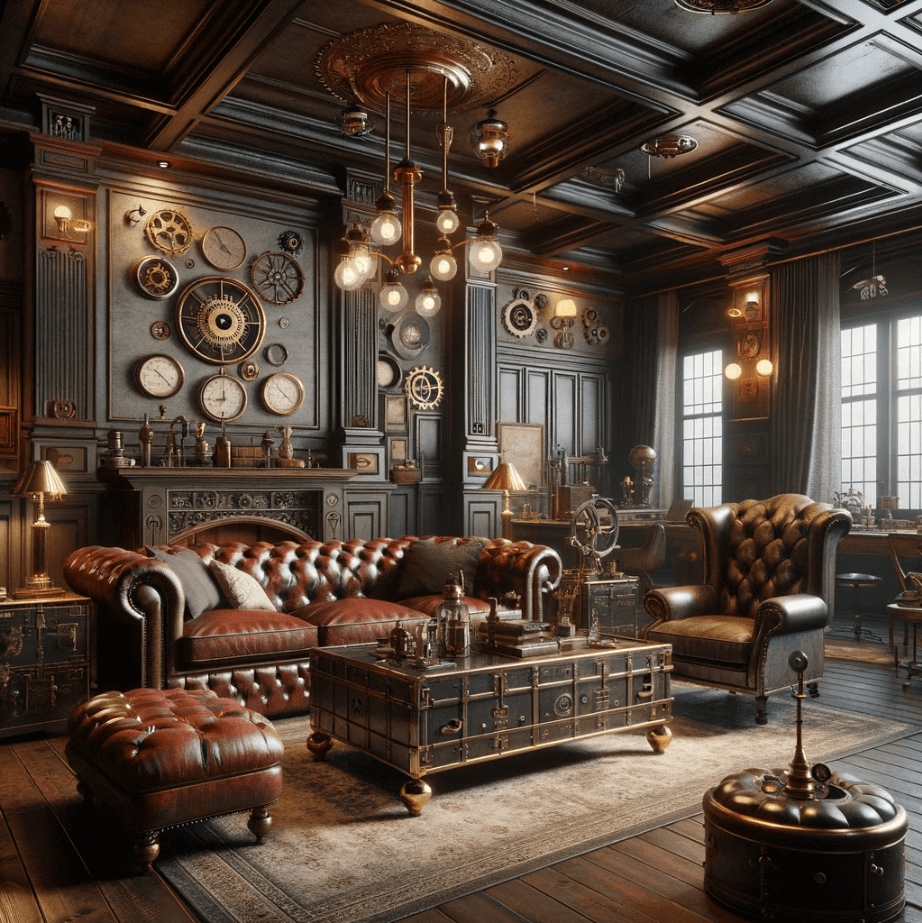 a living room designed in a steampunk style