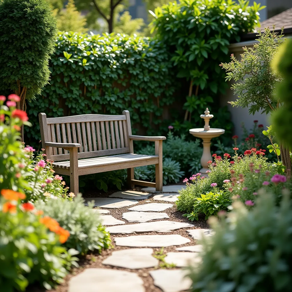 A serene corner garden featuring a wooden bench surrounded by lush greenery and vibrant flowers, with a stone pathway leading to a small fountain, perfect for inspiring corner garden ideas.