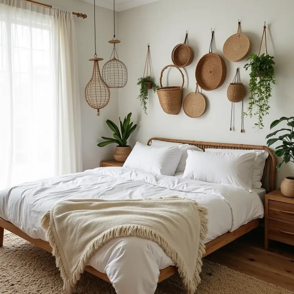 Cozy bohemian bedroom with natural decor elements