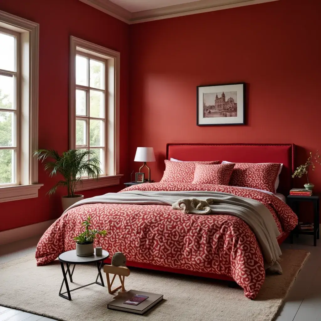 Stylish red bedroom featuring chic patterned bedding.