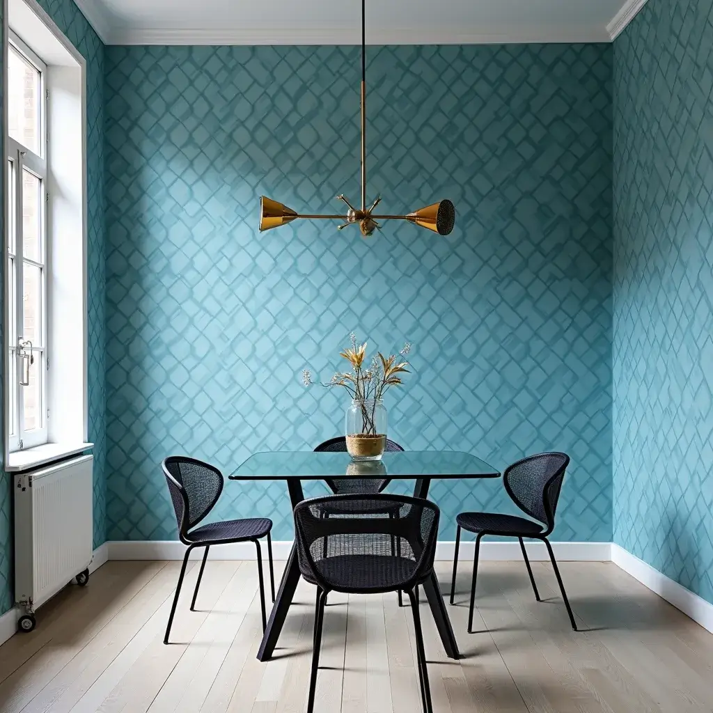 Stylish dining area featuring blue geometric wallpaper.