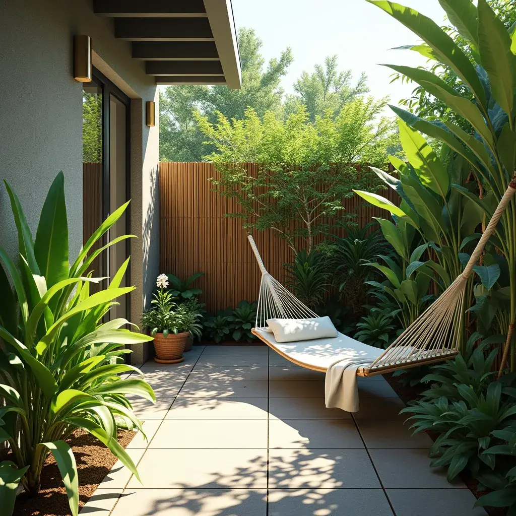 Relaxing hammock in lush, green backyard retreat