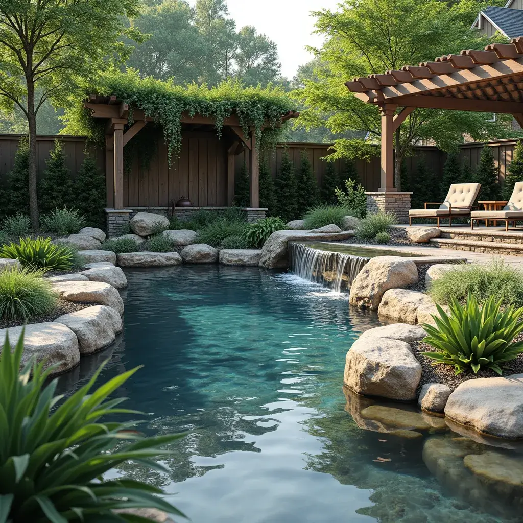 Serene backyard pool with waterfall and lush greenery