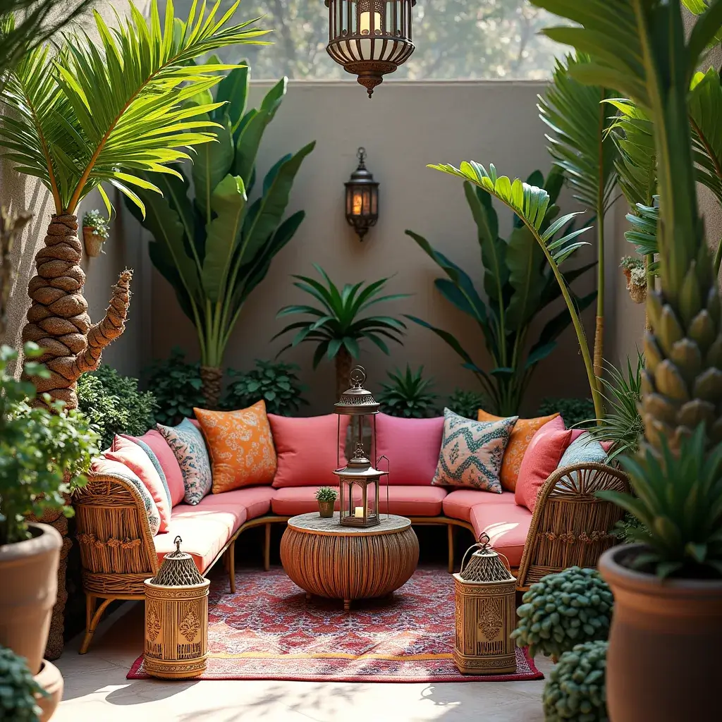 Lush patio with vibrant seating and tropical plants