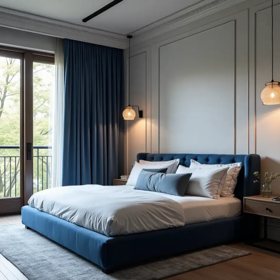 Luxurious red bedroom featuring a plush headboard.