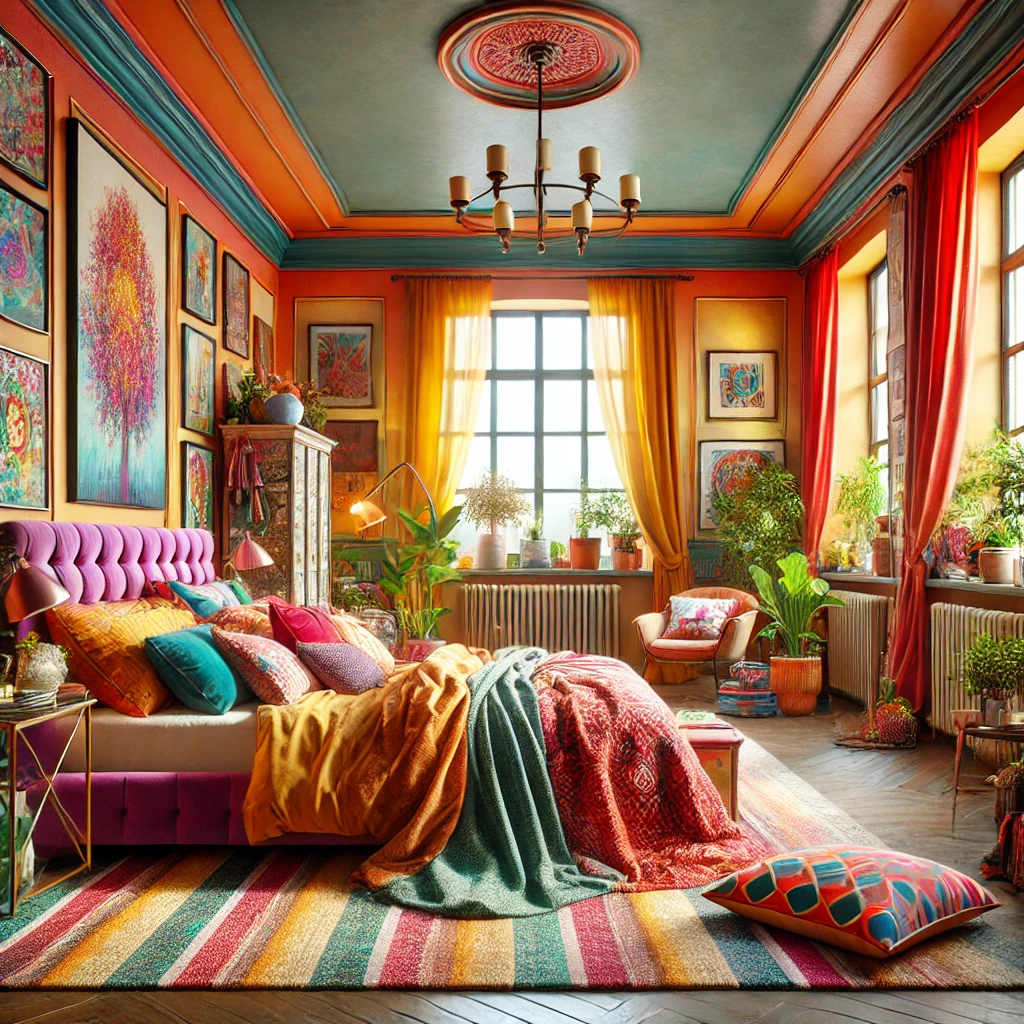 a bedroom designed in a colorful style