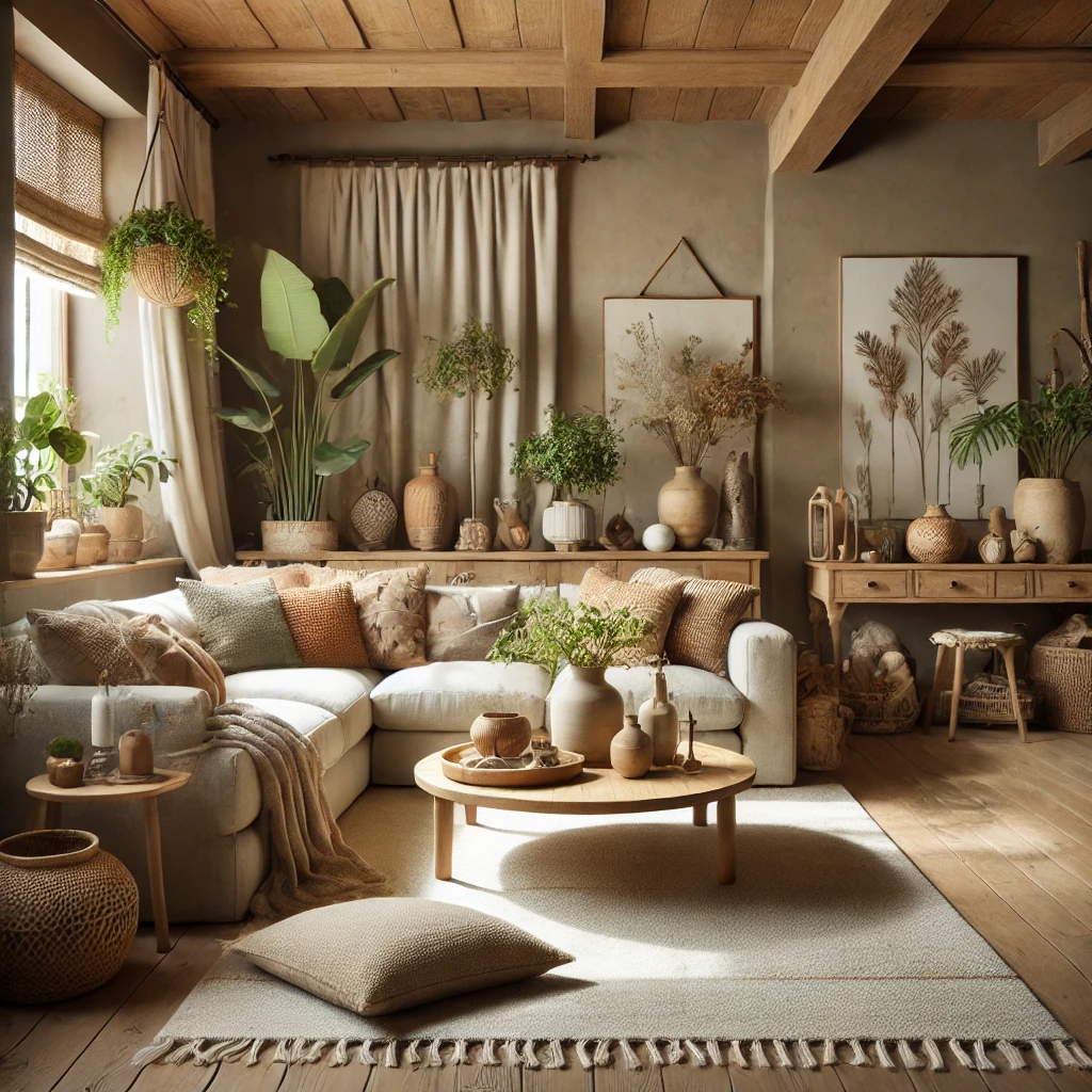 a living room designed in an earthy style